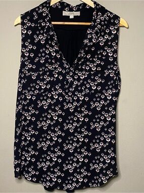 Ann Taylor Loft Sleeveless Floral Black Chiffon Blouse Women XL Black Red V-Neck